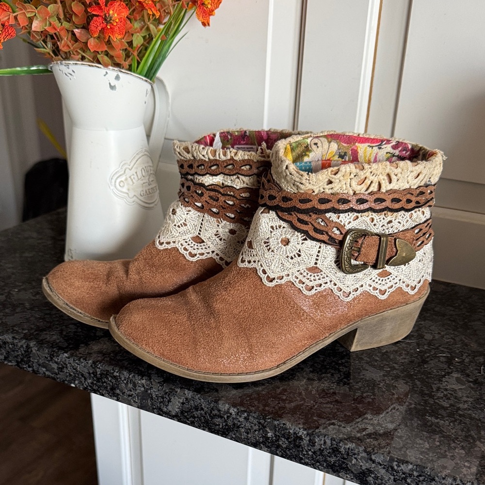 Women's Rustic Brown Suede Ankle Booties with Lace Trim